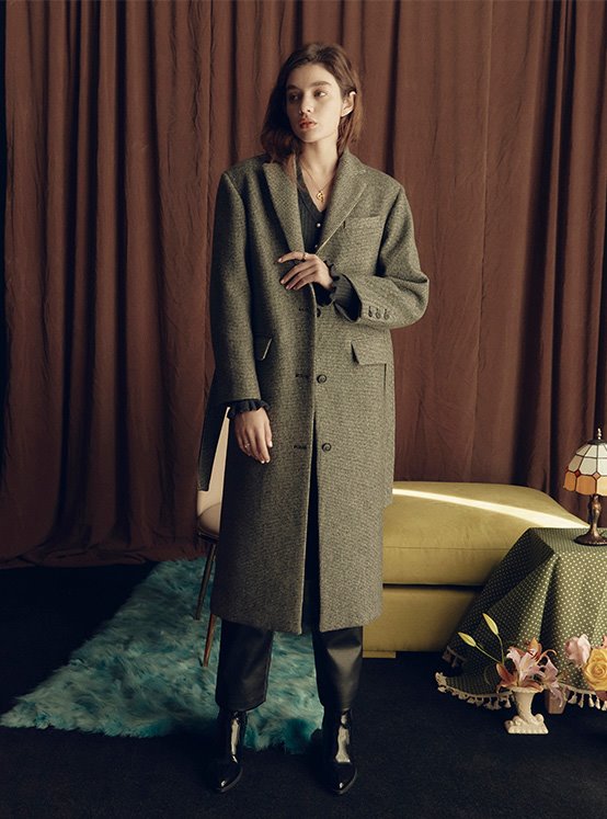Check Wool Single Maxi Coat in Black_VW0WH0220
