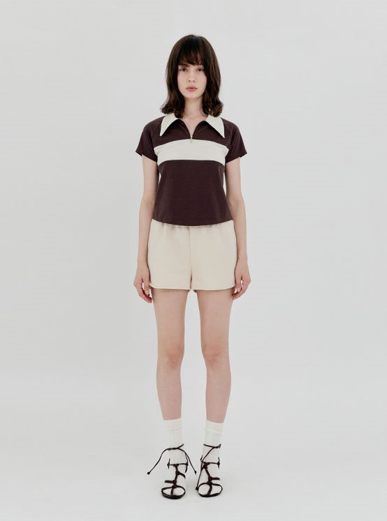 Coloring Neck Collar Jersey Shirt in Brown VW1ME062-93