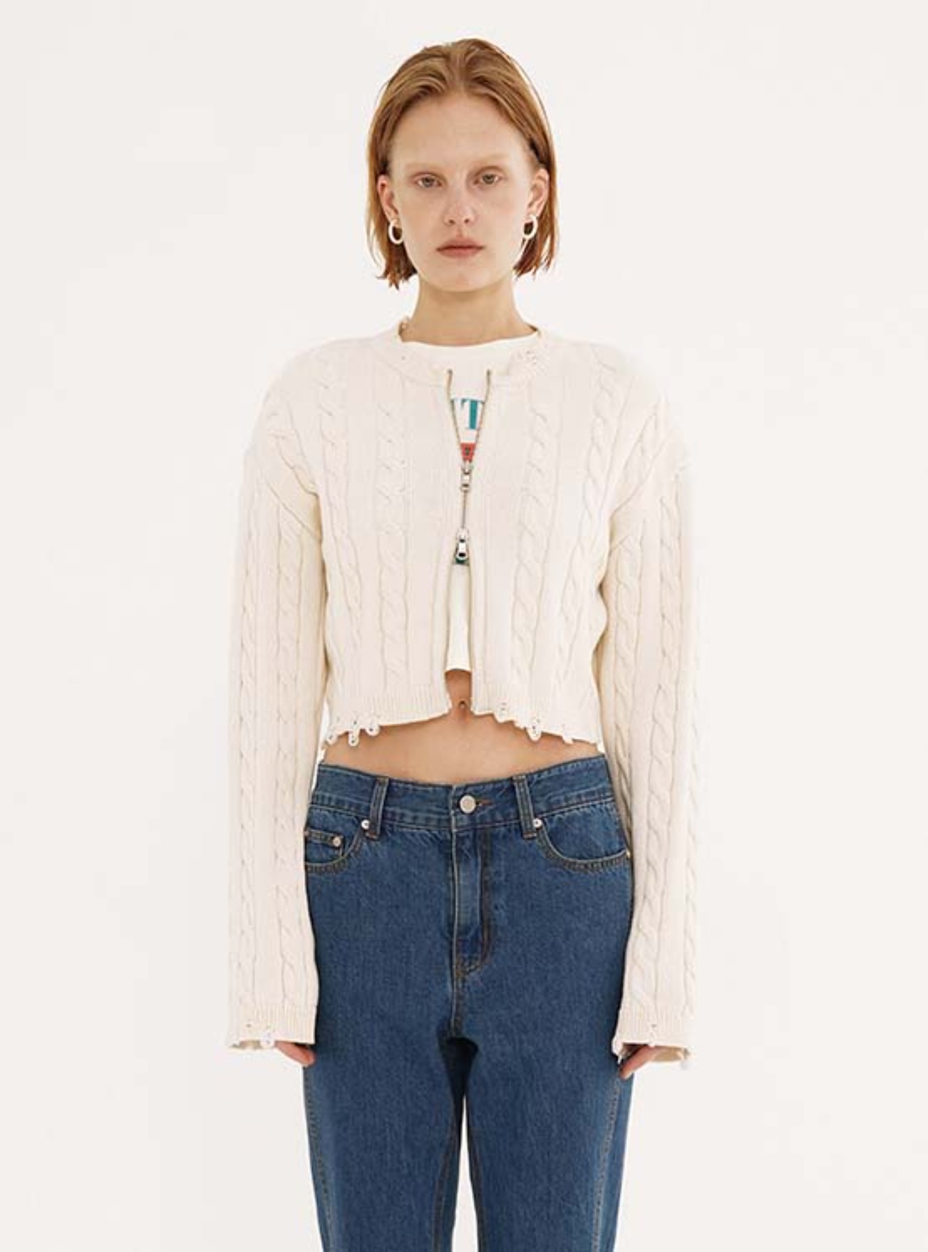 2 Way Zipper Cropped Knit Top in Ivory VK3SM146-03